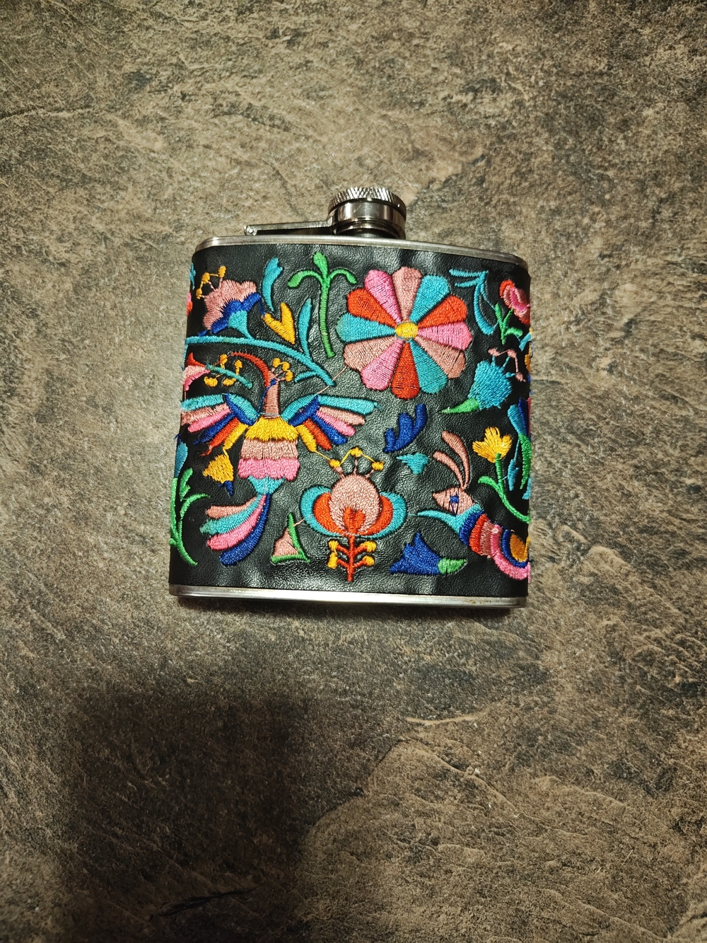 Pier 1 Embroidered Floral Black Hip Flask